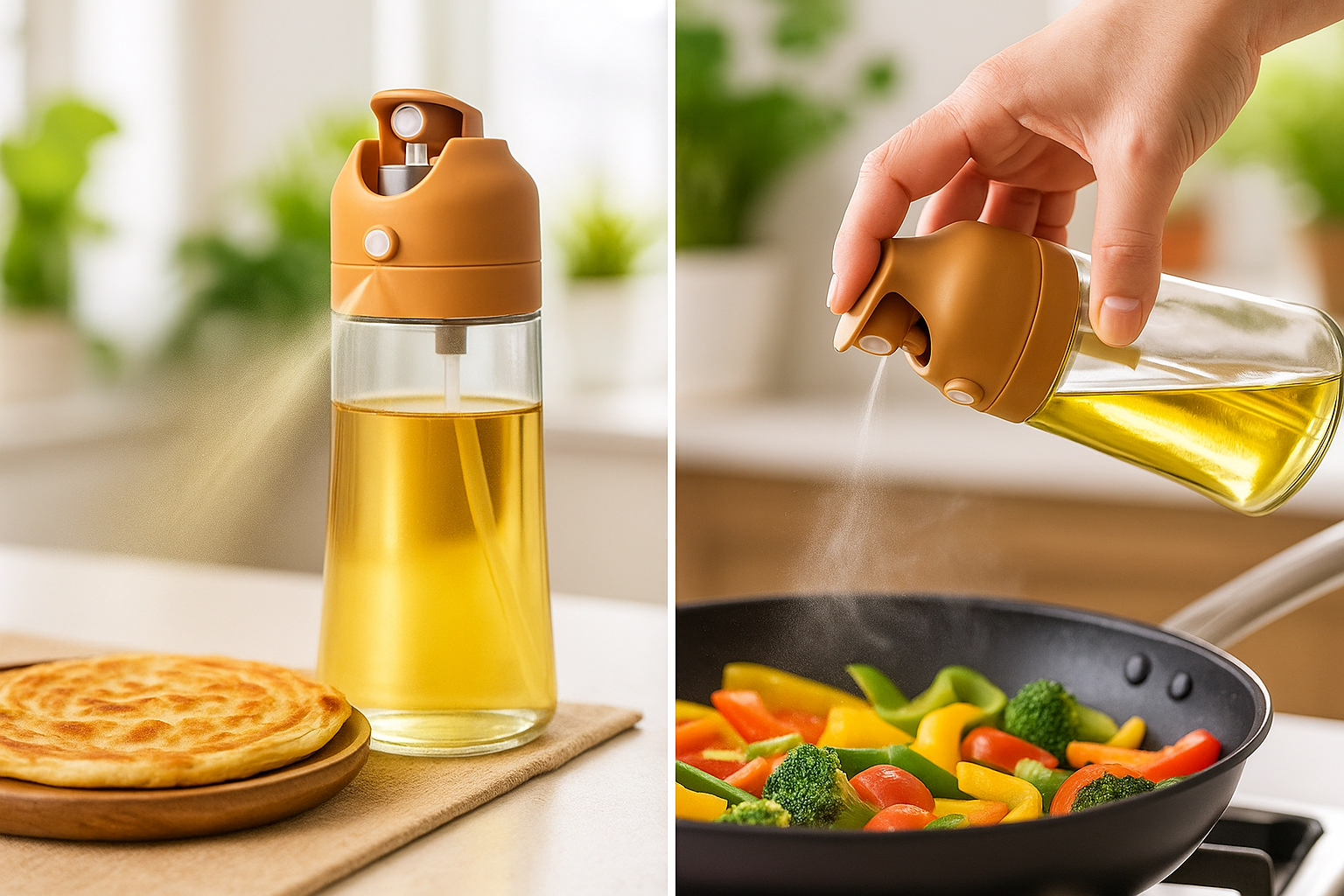 Oil bottle with a brown cap on a kitchen counter, next to a hand pouring oil into a pan with vegetables.