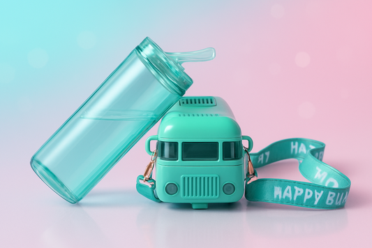 Teal bus-shaped container with a lid